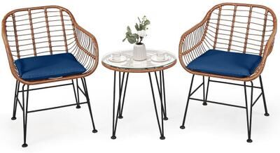 Costway 3 Pieces Patio Rattan Bistro Set with Cushion-Navy