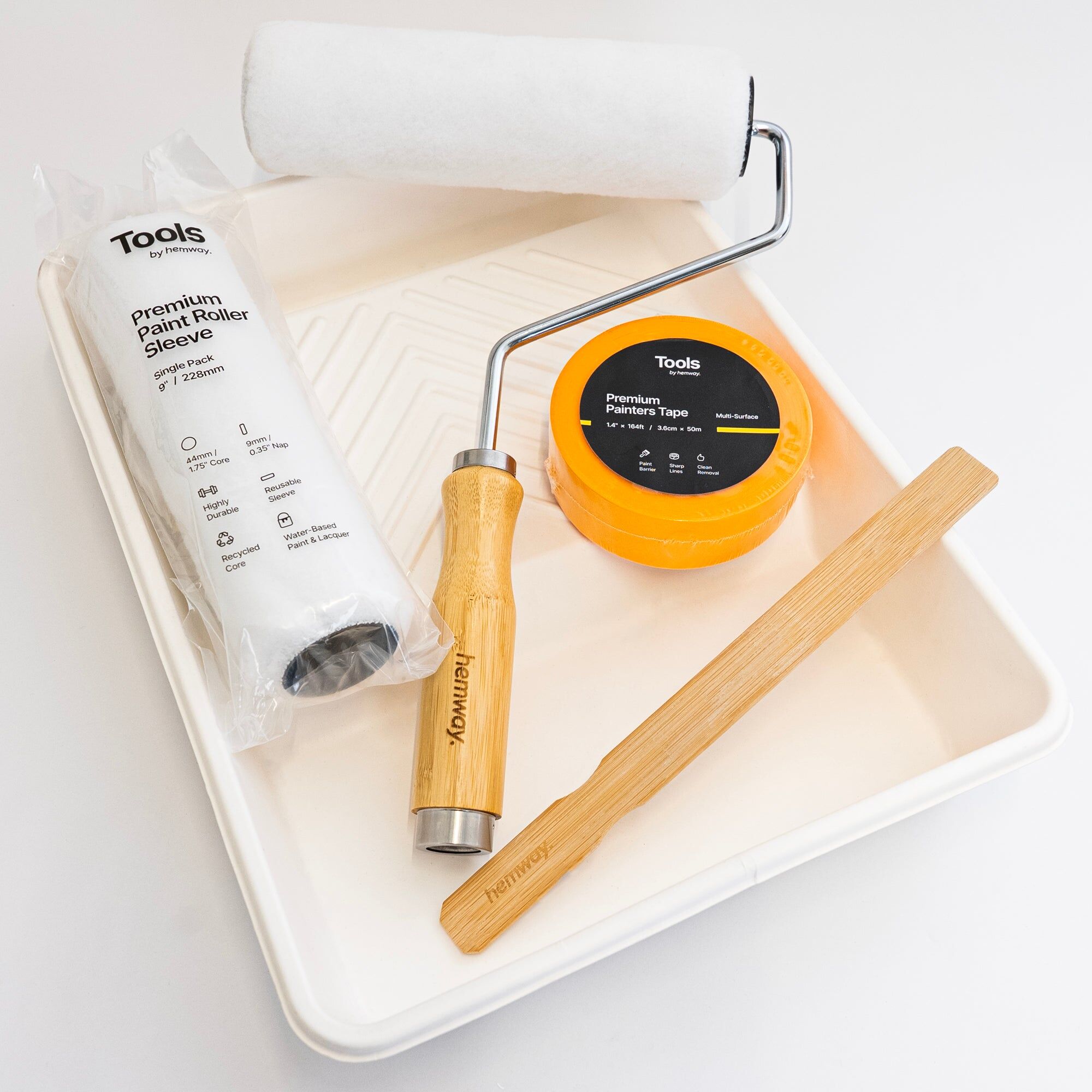 Hemway Premium Bamboo Painting Kit   9" Roller, Sugarcane Tray, 2 x Roller Sleeves, Reusable Paint Tray, Painter's Tape - 9 Inch Kit