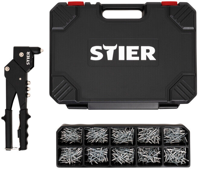 Kit rivets aveugles STIER avec pince à riveter manuelle à 360° et rivets aveugles, 501 pièces (905694)