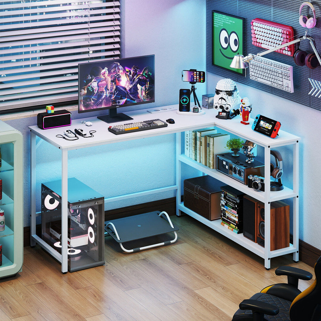 17 Stories L-Shaped Iron Computer Desk White 75cm H X 131cm W X 106cm D