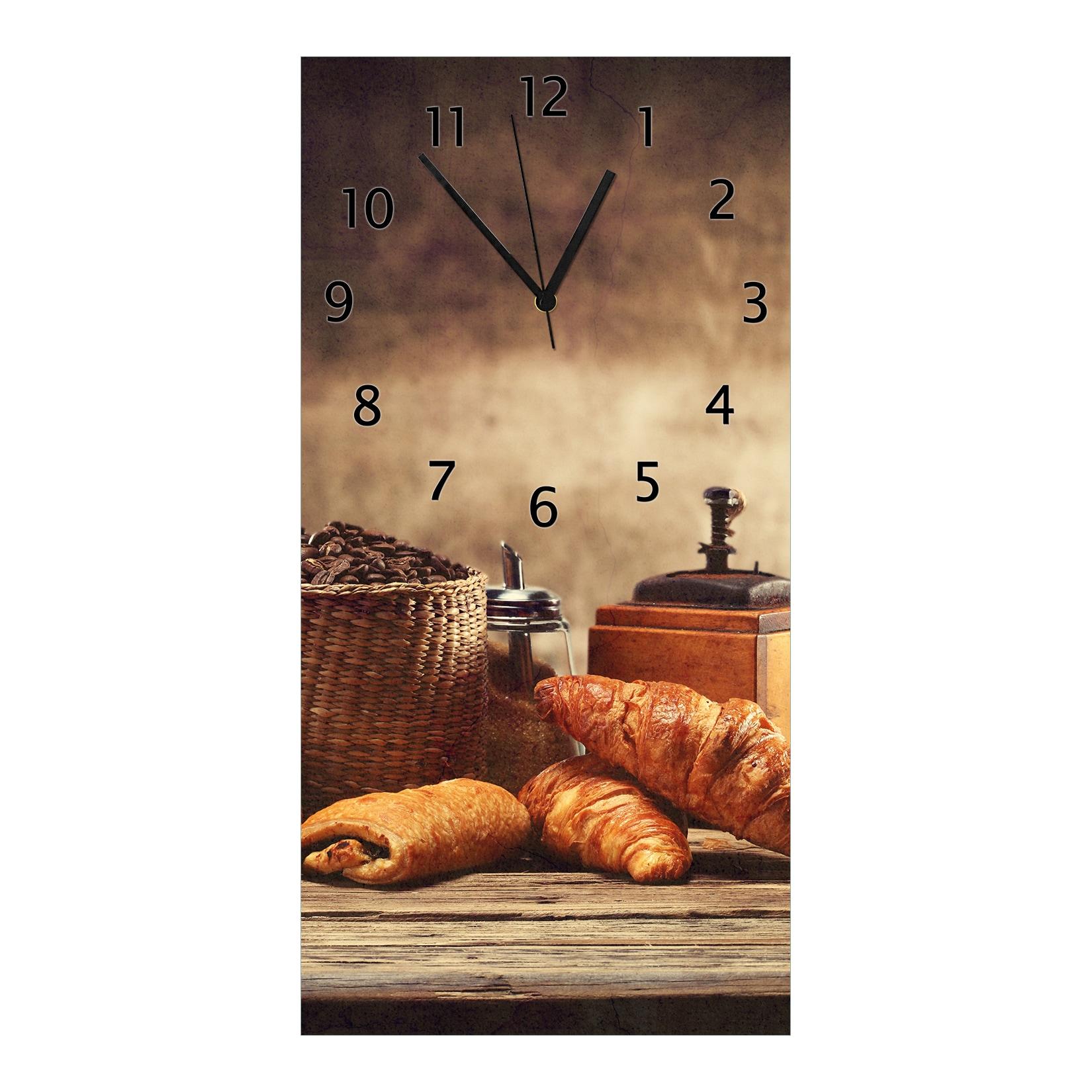 Wallario Uhr 30 x 60 cm, schwarze Zeiger Französisches Frühstück mit Café und Croissants