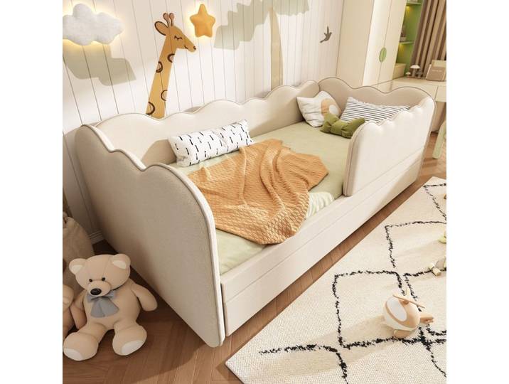 Lit enfant - 90x190cm - Lit gigogne - Beige - Design compact et fonctionnel