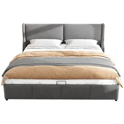 OKWISH Bettkasten 160x200 mit Hydraulik Boxbett mit Stauraum Flanell Bezug Stoffbox Chesterfield Design Klassisch Modern Grau