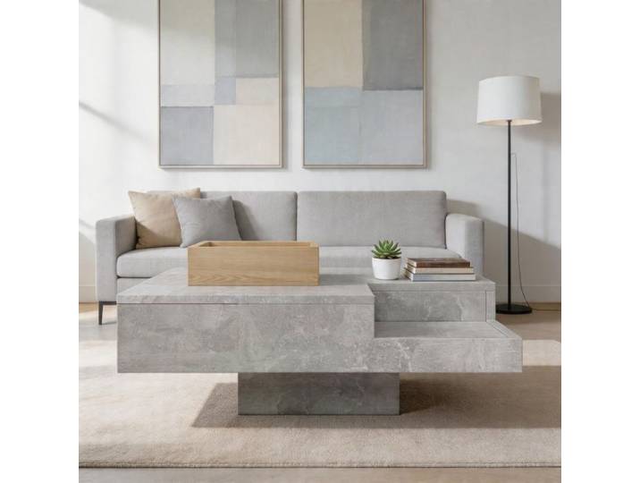 Table basse - 72×72×30 cm - Gris béton - Bois - Boîte de rangement amovible