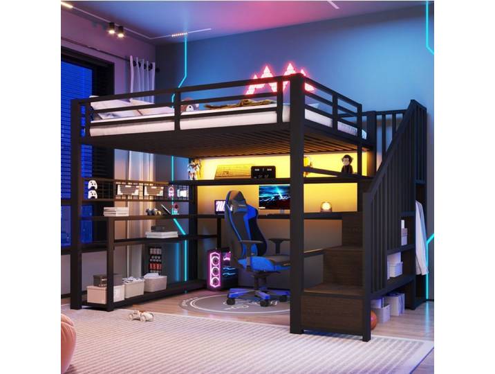 MEUBLIV Lit mezzanine métallique 140x200 cm avec bureau armoire rangements et LED RGB noir
