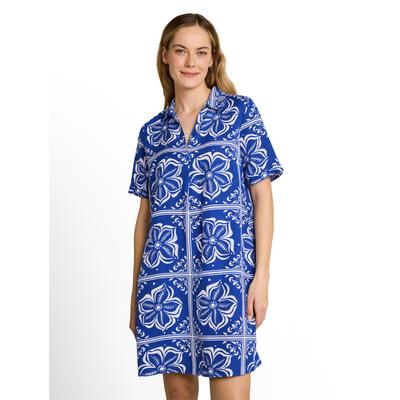 Polokleid TOM TAILOR, Damen, Gr. 42, N-Gr, Kurzarm, Web, blau (blau flower tile design), Web, Obermaterial: 55% Lyocell, 45% Viskose, bedruckt, regular fit kniefrei, Kleider, mit All-Over Print
