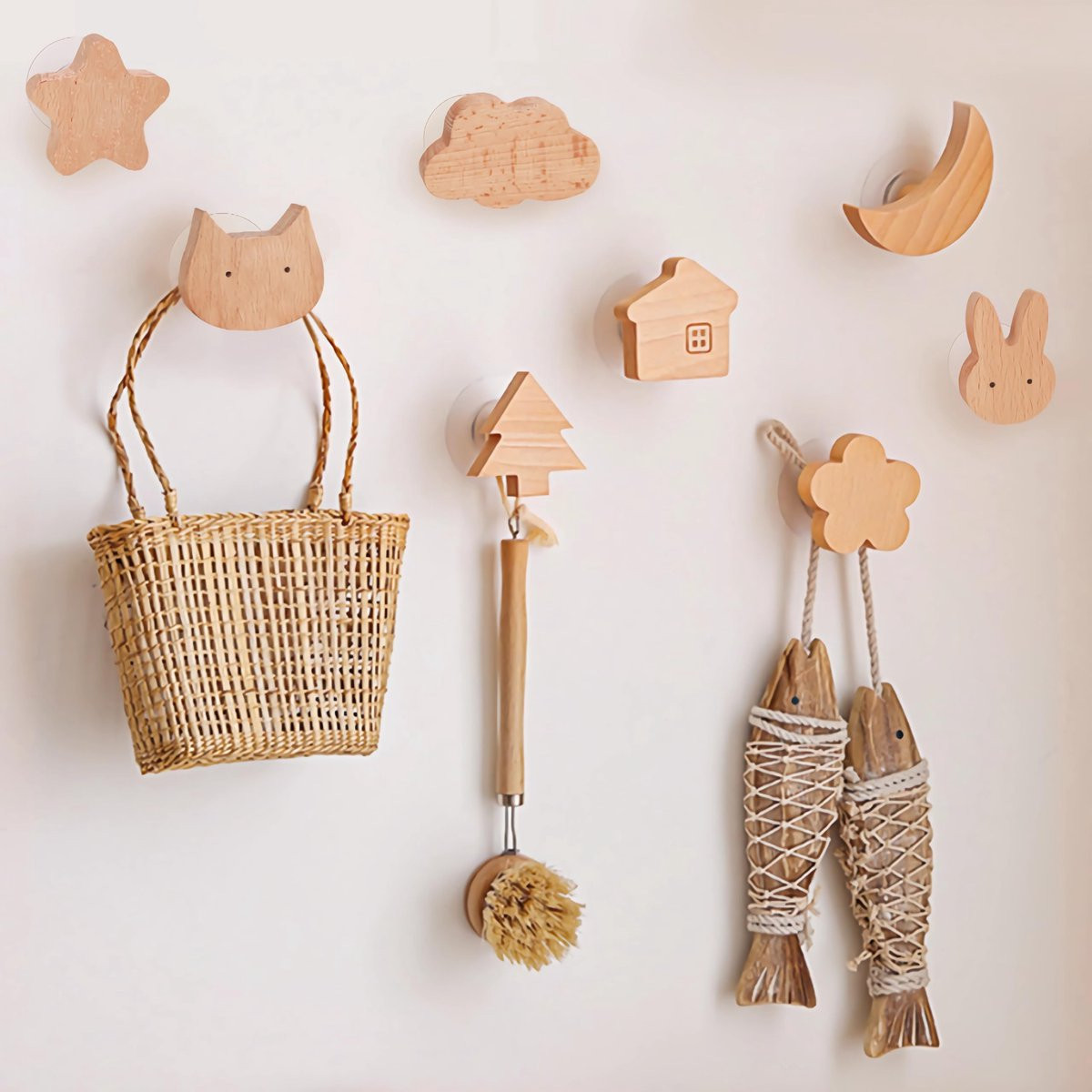 Unyqoos Kinderkapstok Haken Set van 8 Cartoon Design Massief Hout Wandhaken voor Kleding en Accessoires