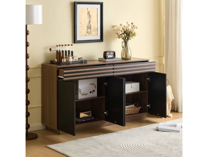 ROVRYN Buffet bas 150 x 40 x 85 cm en MDF 2 tiroirs 4 portes noir et marron décor bois