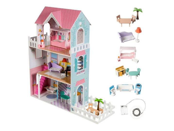 Mamabrum Puppenhaus XXL Holzpuppenhaus, 123 cm, LED, Terrasse, Zubehör