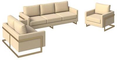 LeisureMod Lincoln Modern Velvet 3-piece Sofa Set Accent Armchair in Gold Steel Base with Removable Cushion for Living Room or Office