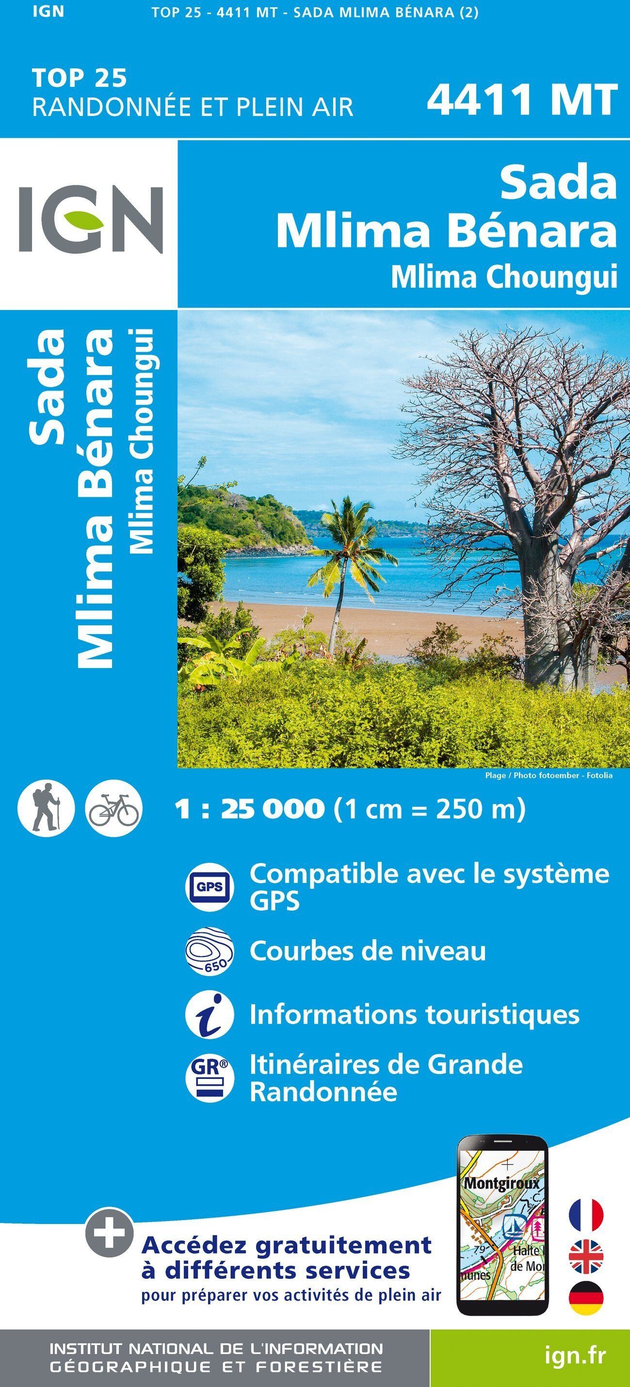 Carte de randonnée IGN TOP 25 n° 4411 MT - Mayotte Sud (archipel des Comores), Sada, Mlima Bénara, Mlima ChounguiI
