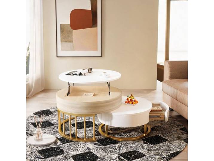 Table basse ronde gigogne relevable avec tiroir finition blanche et métal doré MDF