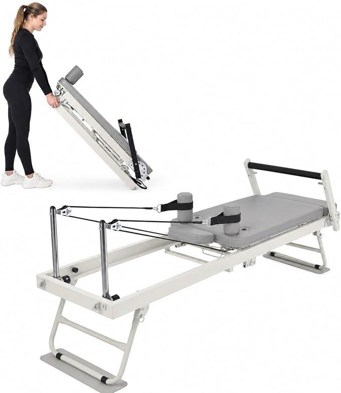 Pilates Reformer Faltbar, Heimtrainer Mit 3X 20kg Federn + 2X 7.5kg Seilen | 11 Widerstandsstufen, Maximalbelastung 136 Kg, Kompakte Pilates Ausrüstung Für Anfänger & Fortgeschrittene