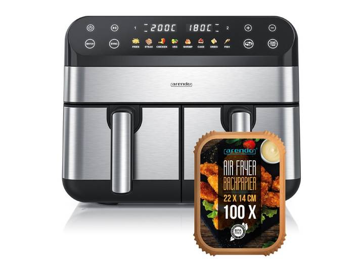 Arendo Heißluftfritteuse XXL Doppelkammer Airfryer 9L mit Backpapier und Zubehör, Dual Zone, 2400 W, Backofen, Dörrautomat, 3D Umluftsystem, fettarmes gesundes Kochen