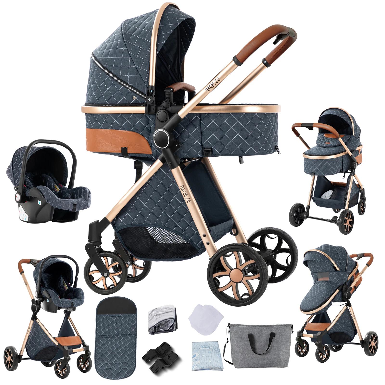 3-in-1 Kinderwagen - Travelsystem - Zusammenklappbar - Wendbarer Sitz - Geländegängige Räder - Babyschalenkompatibel - UV-Schutzverdeck - Blau