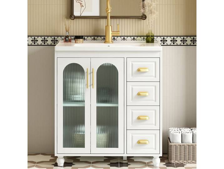 Meuble lavabo salle de bain 80 cm céramique meuble MDF blanc rangement multiples espaces décoration salle d'eau