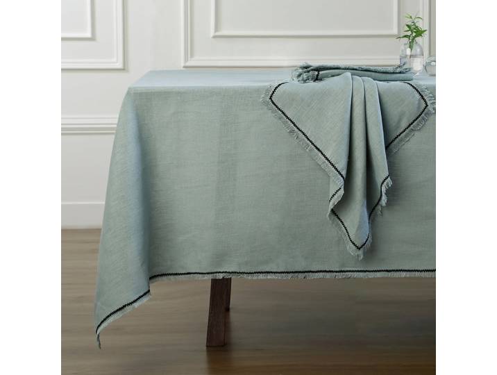 Nappe lin lavé 150x250 vert céladon & noir