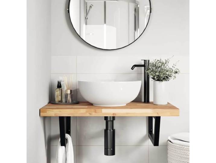 KTHLBRH Wandablage für Waschbecken, 100 x 50 cm, Stahl, Schwarz Massivholz Akazie, Trapezhalterung, Kapazität 100 kg, flexible Montage