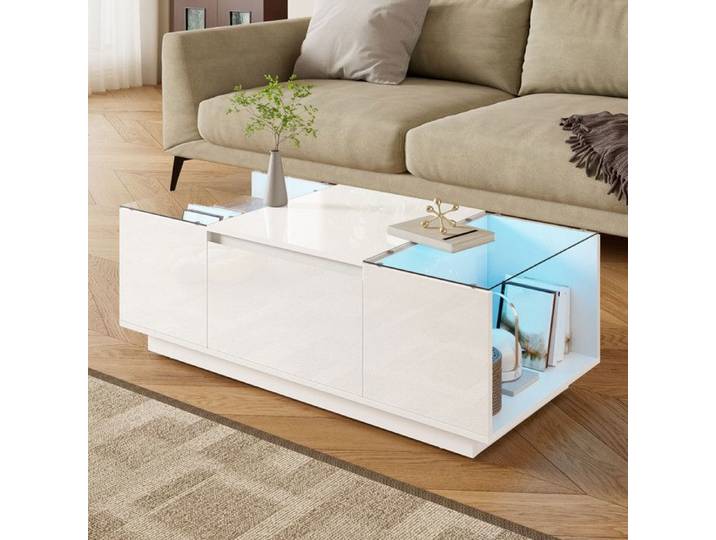 Luscriate - table basse rectangulaire - avec LED connectée 2 tiroirs cachés et verre - 105x50x35cm - blanc brillant