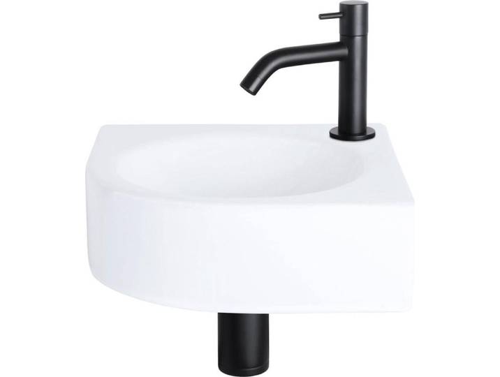 Differnz Cleo lavabo à poser 30x30x10 cm - lavabo salle de bain céramique blanc - avec robinet salle de bain en noir mat - lavabo avec robinetterie courbe pour WC invités