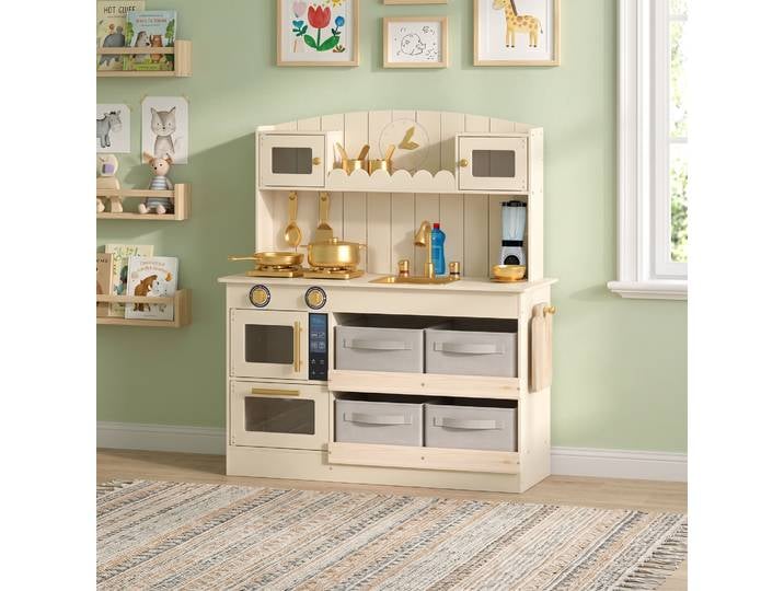 AIYAPLAY Cuisinette Bois Lumières Sons 4 Paniers Évier Crème
