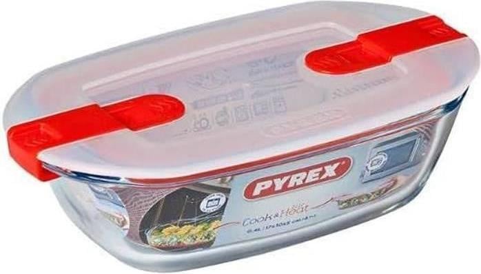 Pyrex Cook & Heat rechthoekige bewaardoos van borosilicaatglas met deksel, 400 ml, 17 x 10 cm