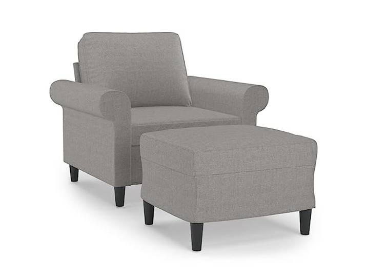 Sessel mit Hocker aus hellgrauem Stoff, 60 cm, Gestell aus Holz und Metall Dicke Polsterung, Hocker im Lieferumfang enthalten, modernes Design, Montageanleitung im Lieferumfang enthalten