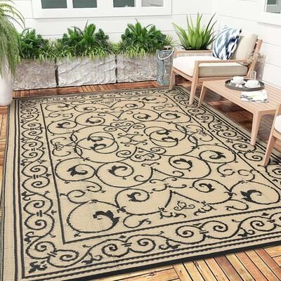Garvee Floral Scroll Outdoor Waterproof Patio Balcony Rug