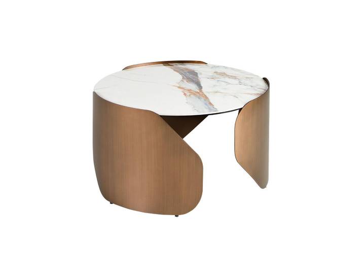 Angel Cerda Runder Couchtisch, Porzellan-Marmor und bronzefarbener Edelstahl, Weiß, Metall, Rundform,Rund,Rund, 80x43x80 cm, Wohnzimmer, Wohnzimmertische, Couchtische