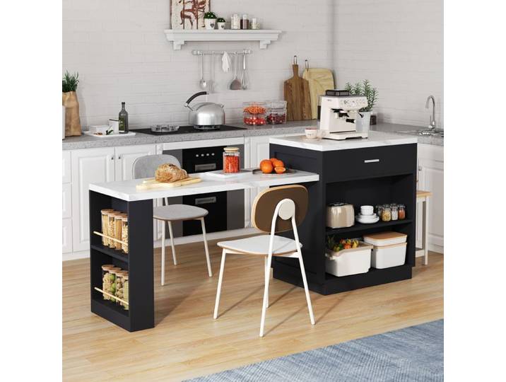 Zitty îlot de cuisine avec table extensible rangement prise USB noir effet marbre 211 cm