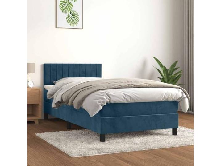 RJPLMFV Lattenrost mit Matratze, Dunkelblau, 90 x 190 cm Kopfteil verstellbar, Taschenfedern, weicher Samt, mittelhartes Untergestell