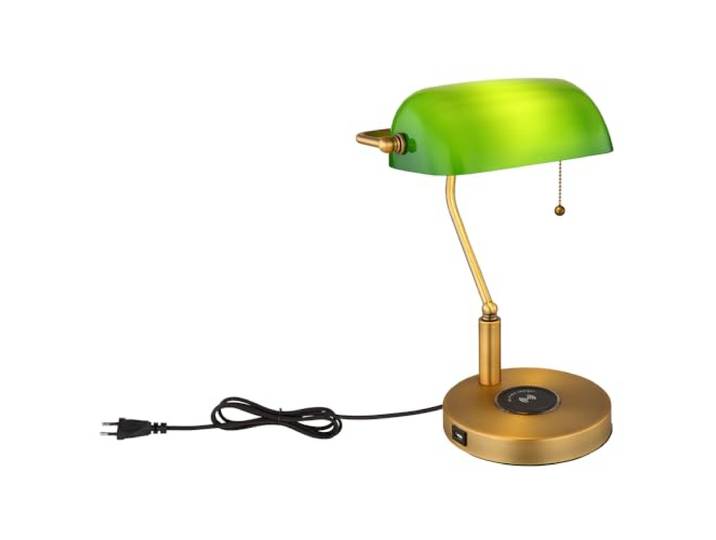 Schreibtischleuchte Bankerlampe Tischlampe altmessing Glas grün Leseleuchte, kabelloses Laden USB Anschluss, Zugschalter, 1x E27, LxH 26x36 cm