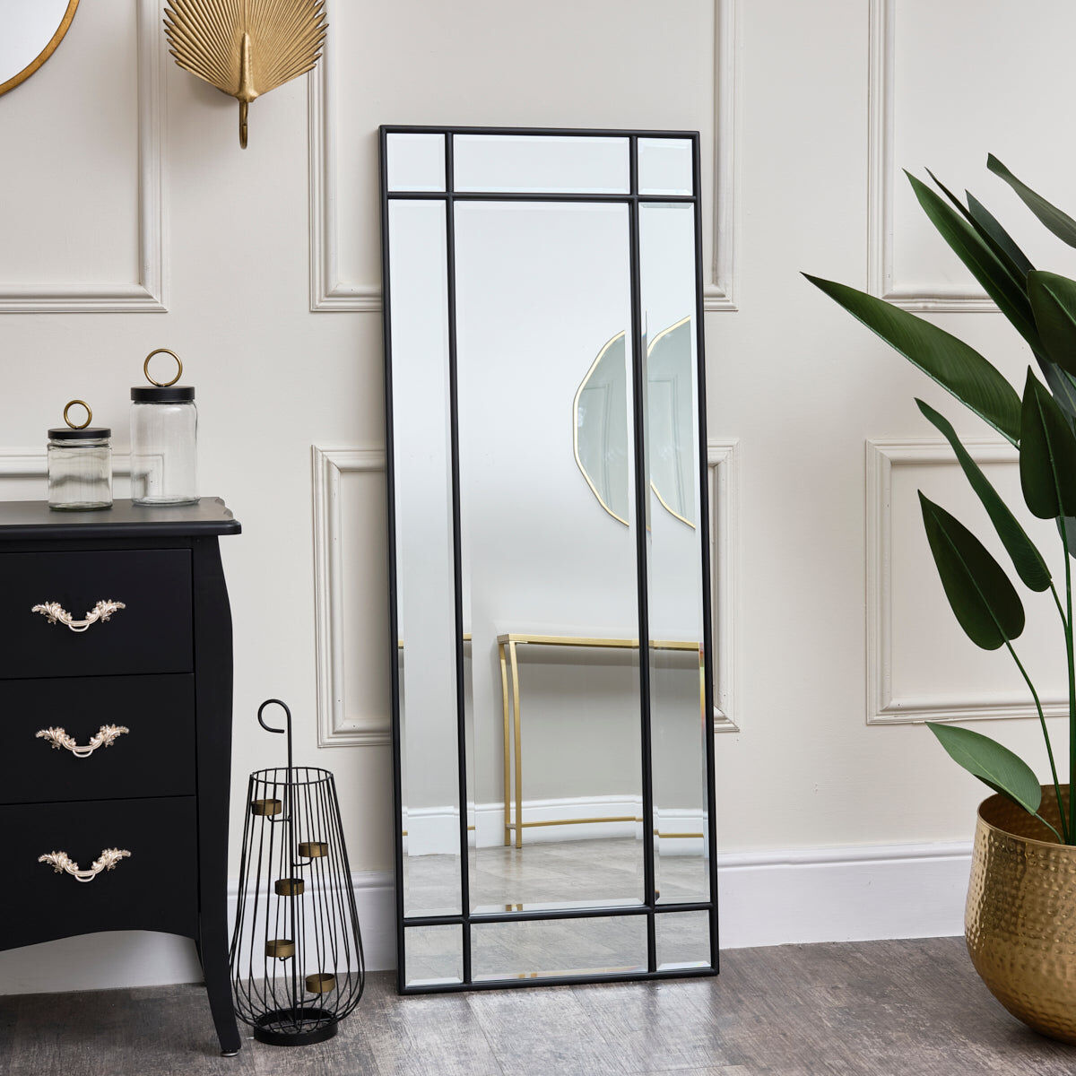 Black Framed Art Deco Wall / Leaner Mirror 142cm x 54cm Wood, Metal, Glass