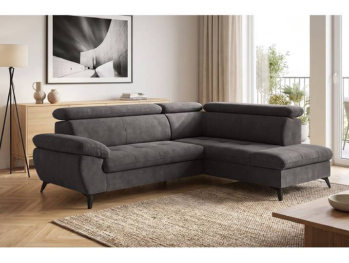 Ecksofa, Struktur weich, Grau (Graphite) 256×207 cm, Mit Bettfunktion & Stauraum, Cotta