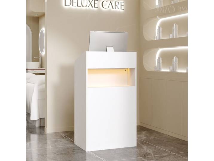 Petit Bureau d'Accueil avec Lumière LED et Compartiments Ouverts Bureau 59x39x105 Blanc