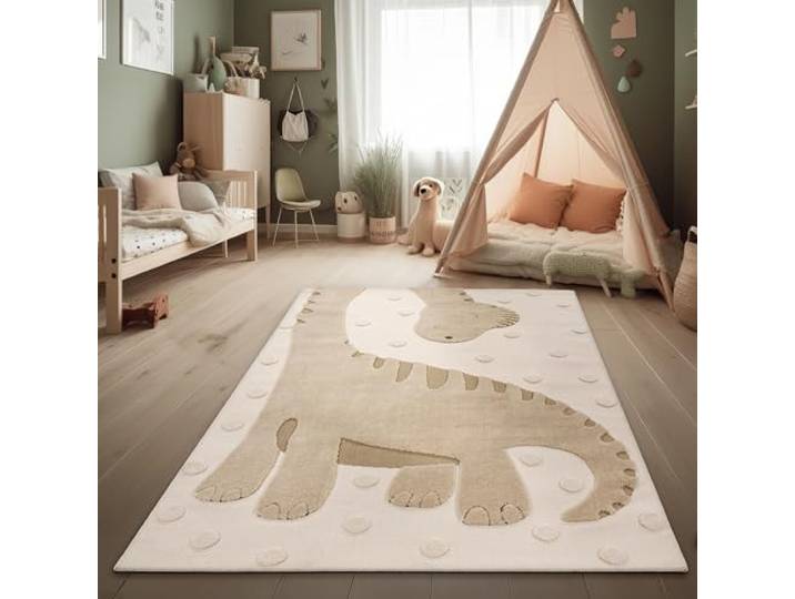 Paco Home Kinderteppich Moderner Spielteppich Kinderzimmer 3D-Effekt Naturtöne weicher Flor robust & pflegeleicht Schlingenstruktur Dino-Motiv Beige Creme Charcoal, Grösse:120x160 cm