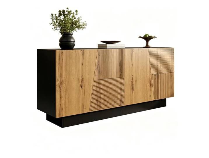 Buffet Salle a Manger Cannelé Meuble de Rangement avec Placard 4 Portes et Etagère Réglable pour Salon Cuisine Entrée 160x40x72cm