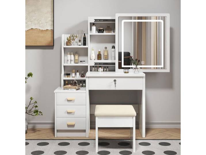 Coiffeuse avec éclairage LED miroir à luminosité réglable coiffeuse avec tabouret coiffeuse avec 4 tiroirs et 3 étagères blanc