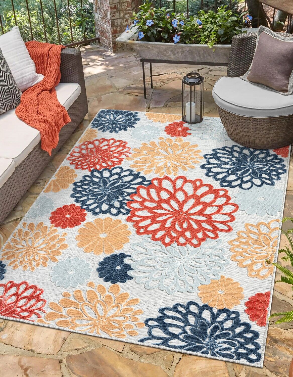 Outdoorteppich "Bloom, LAGERRÄUMUNG", bunt (grau,multi), B:80cm H:8mm L:150cm, Polypropylen, MYFLAIR MÖBEL & ACCESSOIRES, Teppiche, Outdoorteppich, Blumen Motiv, Hoch-Tief Effekt, Outdoor geeignet, Balkon, Terrasse grau,multi B : 80cm 1 Stk., 8mm, L: 150c