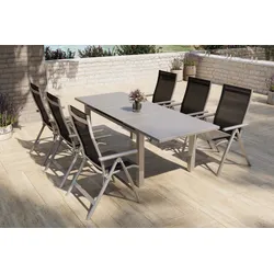 OUTFLEXX Premium Garten-Essgruppe, silber/anthrazit, Alu/Textilene, Ausziehtisch 180/240 x 100 cm, 6 Klappstühle