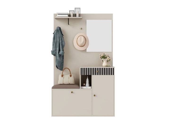 Meuble Entrée 110x185x37cm-Armoire Miroir-Rangement Chaussures-Étagères-Couloir&Hall-Beige+Crème