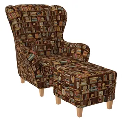 Supellex Sofia Ohrensessel mit Hocker | Design Bibliothek, Bücherregal in Walnuss