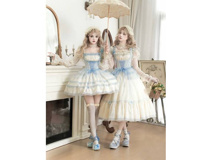 Sel de mer thé glacé avec Puji Original doux Lolita longue Jsk col carré courte Op robe japonaise mignonne princesse thé robe de soirée