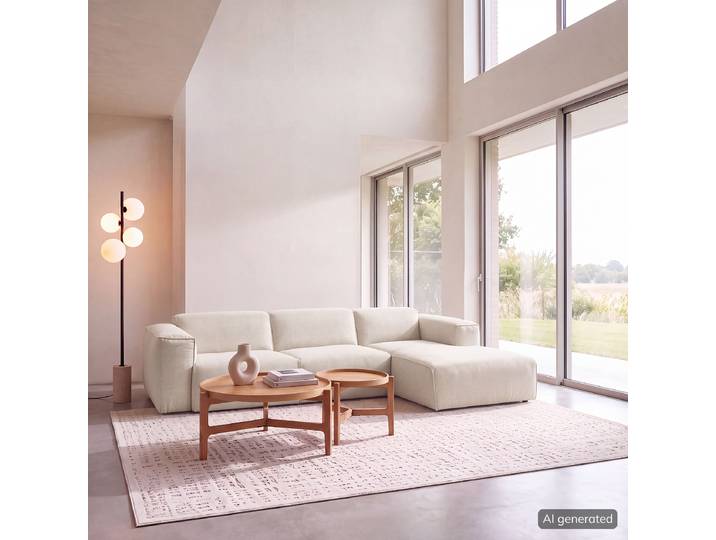 Ecksofa 3-Sitzer mit Longchair Beige/Beige Webstoff Saia 284cm Longchair davorstehend rechts Modern