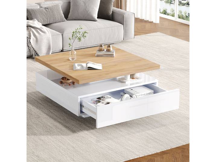 Carré multifonctionnel 360 ° Table basse pivotante, table pivotante centrale à 2 étages haute brillance, armoire de rangement, table d'appoint de salon