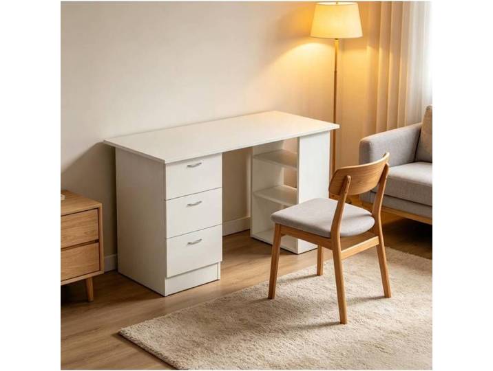 COVREO bureau informatique 120 x 49 x 72 cm avec 3 tiroirs et 3 étagères ouvertes MDF blanc