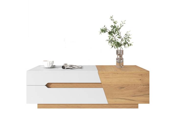 Evryae Couchtisch mit Schubladen ausziehbar Schiebefunktion Farbblockstruktur 120/50/37,5 cm, Weiß, Naturfarben, Rechteckig,Rechteckig, 50x37.5x201.5 cm, Wohnzimmer, Wohnzimmertische, Couchtische