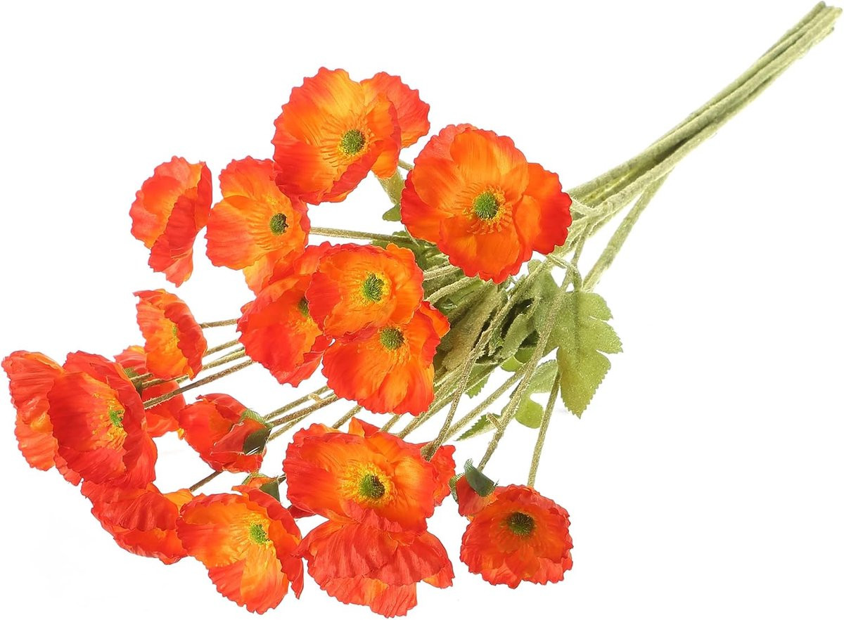 Set van 6 kunstklaprozen met lange geflockte stelen, rood-oranje synthetische zijden bloemen voor bruiloftsdecoratie