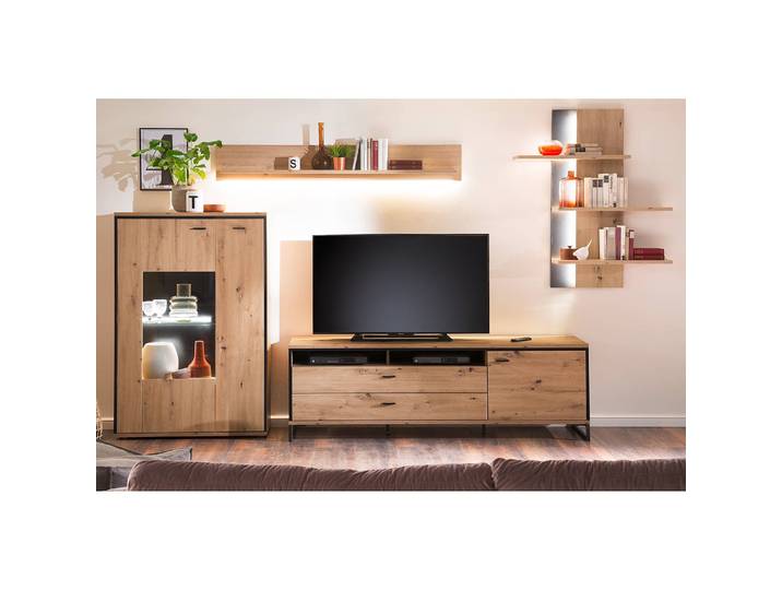 Wohnwand II 4-teilig Front: MDF Mitteldichte Holzfaserplatte , beschichtet Korpus: Spanplatte, beschichtet Absetzung & Griffe: Aluminium,