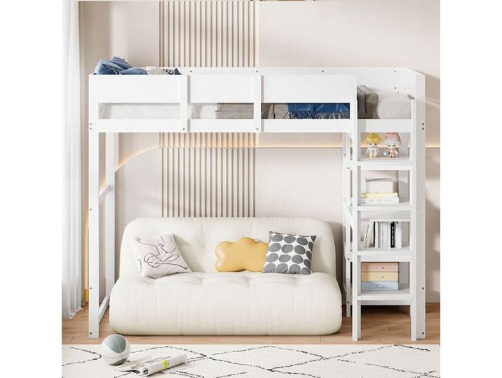 Lit Mezzanine 90x200 cm Rangement Maxi - Cadre Pin Massif & Sommier à Lattes - Design Sécurisé pour Enfant/Ado (Blanc)